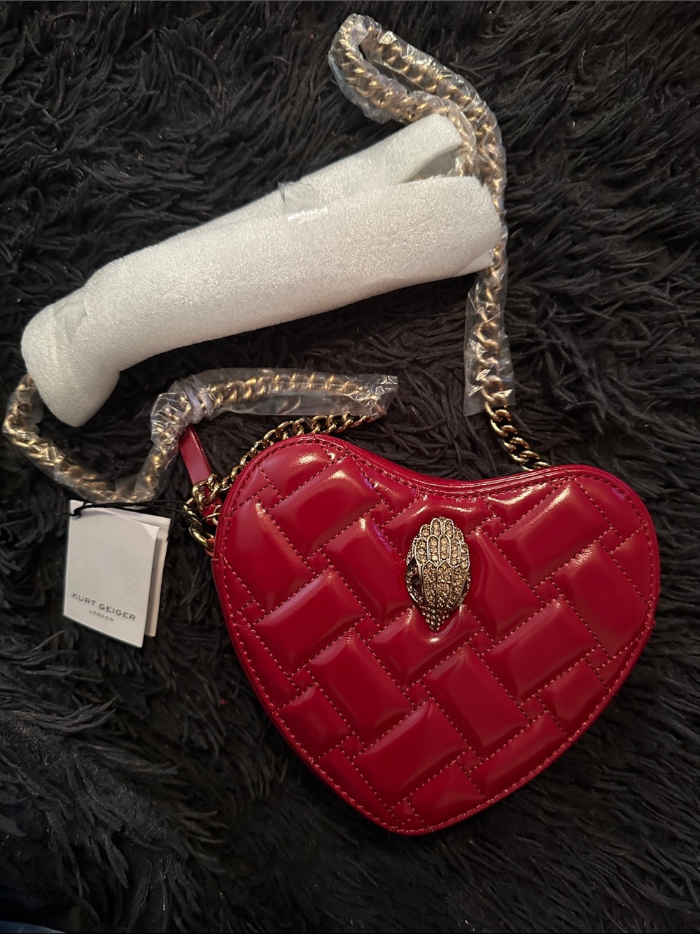 Kurt Geiger Red Quilted Heart Crossbody with Gold-Tone Chain